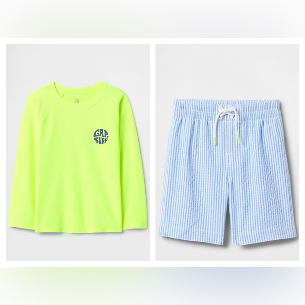 GAP Kids Bright Lime Rash Guard and Light Blue Striped Shorts